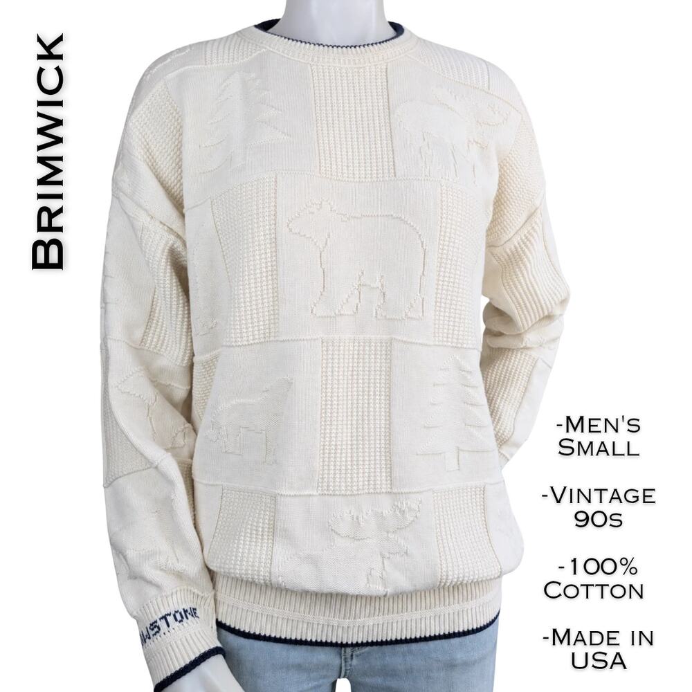 VTG Brimwick Yellowstone Patchwork Sweater Mens Small Bears Coyotes Cotton NEW